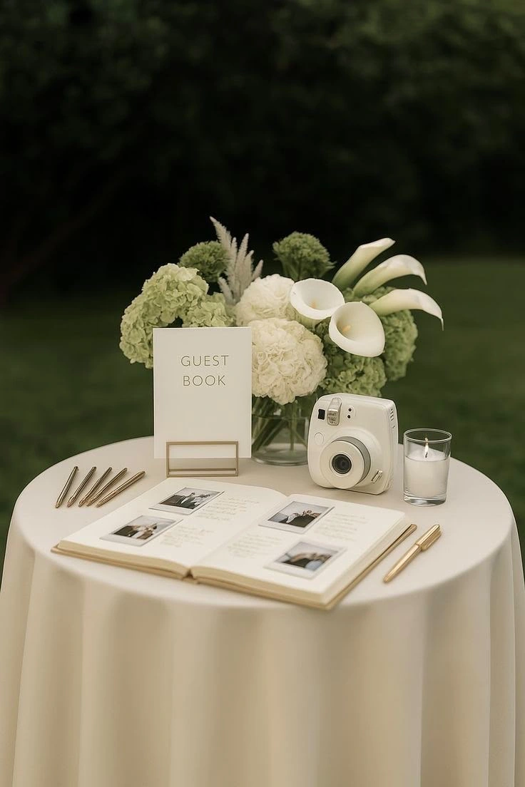 Mesa de livro de mensagens com flores e câmera instantânea